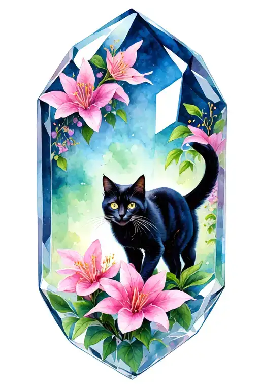 Lifelike Black Cat Materializing Out Of A Crystal Walking Forward Onto Pink Clematis