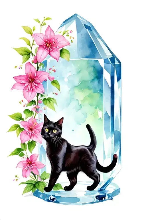 Lifelike Black Cat Walking Out Of A Crystal Forward Stepping Onto Some Pink Clematis