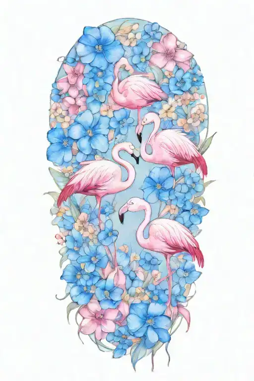 Flamingos And Blue Forget Me Not Flowers