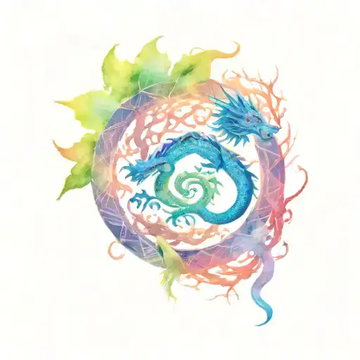 Yggdrasil Tree Of Life Interwined Asian Dragon And Sacred Geometry