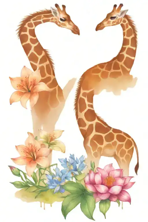 Giraffe With Larkspur And Water Lily