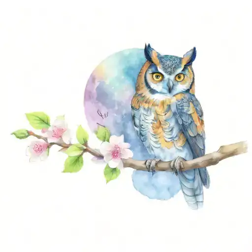 Horned Owl Perched On Apple Blossom Branch Full Moon