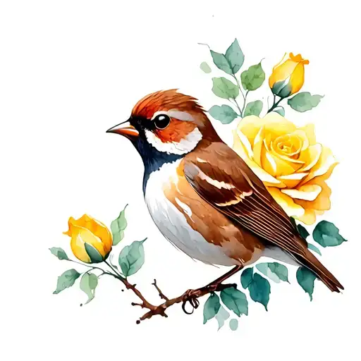 Sparrow With A Yellow Rose