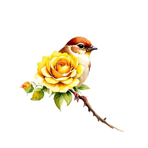 Sparrow With A Yellow Rose