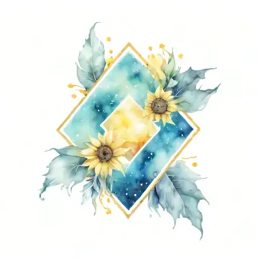 Rhombus That Has A Galaxy In The Center And Sunflowers