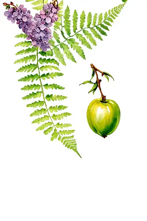 A Twig Of A Gooseberry And A Twig Of Lilac On The Background Of A Fern