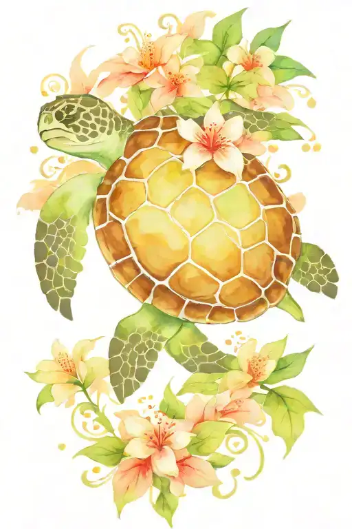 Sea Turtle With Hibiscus Flowers Growing