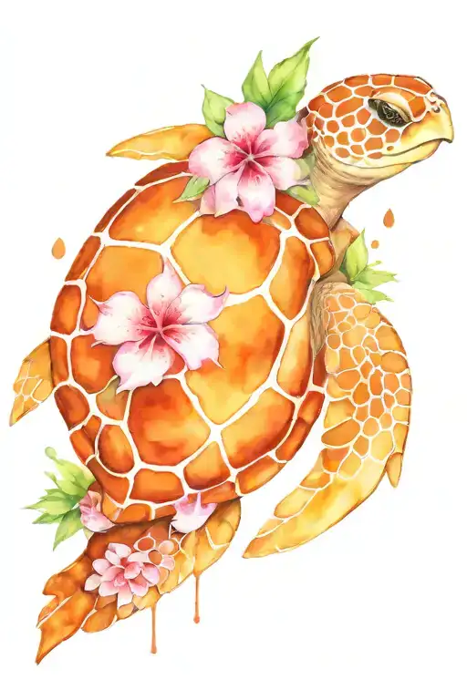 Sea Turtle With Hibiscus Flowers Growing