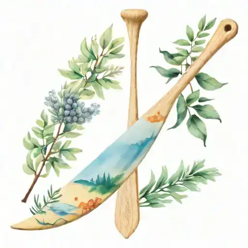 Canoe Paddle With Juniper Fruit And Plants Native To Quebec