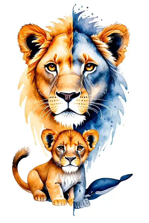 Half Lioness Cub And Half Lion Cub Watercolour Whales Theme