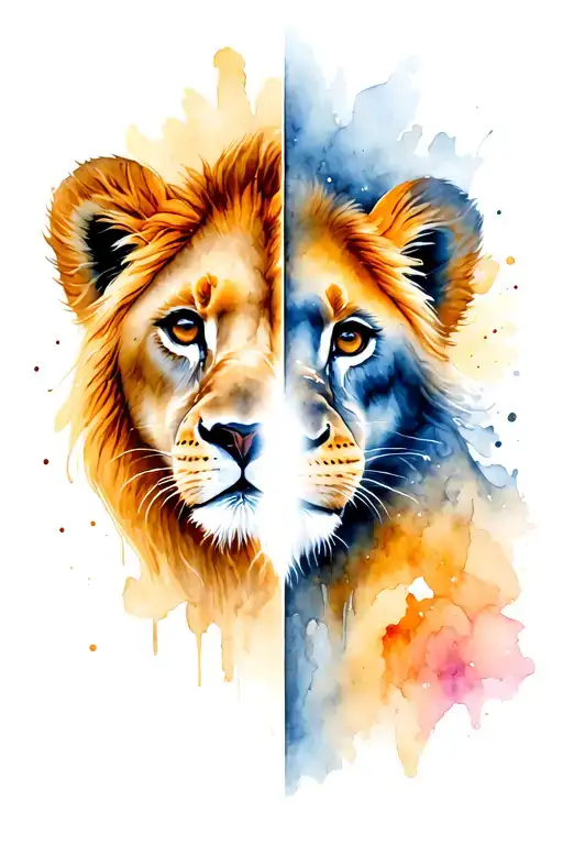 Boy And Girl Lion Cubs Half Face With Bright Diamond In The Middle