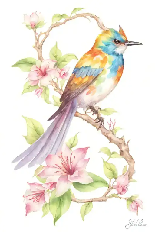 Floral Cat And Humingbird