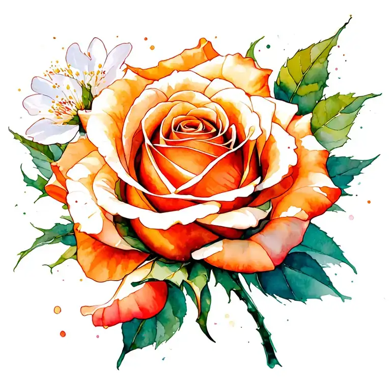 Closed Orange Rose With White Cherry Blossom