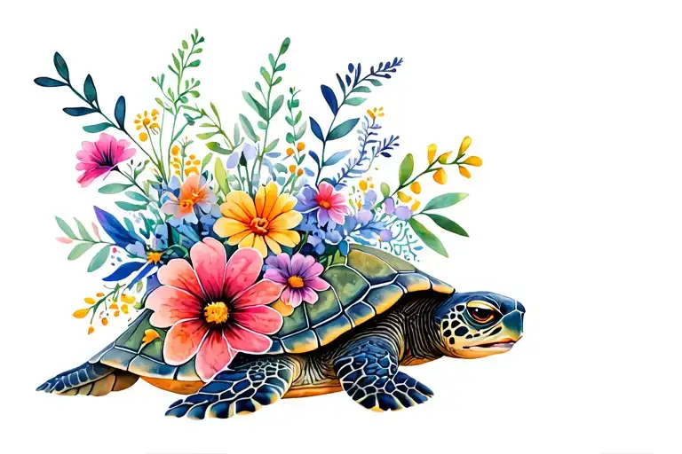 Sea Turtle With Bouquet Of Wild Flowers
