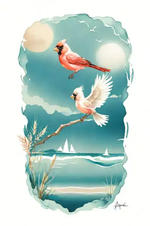 Cardinal And Beach Scene