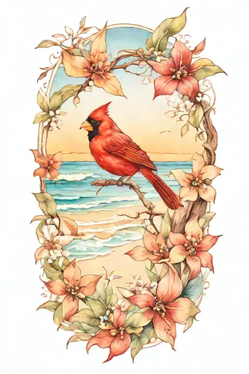 Cardinal And Beach Scene