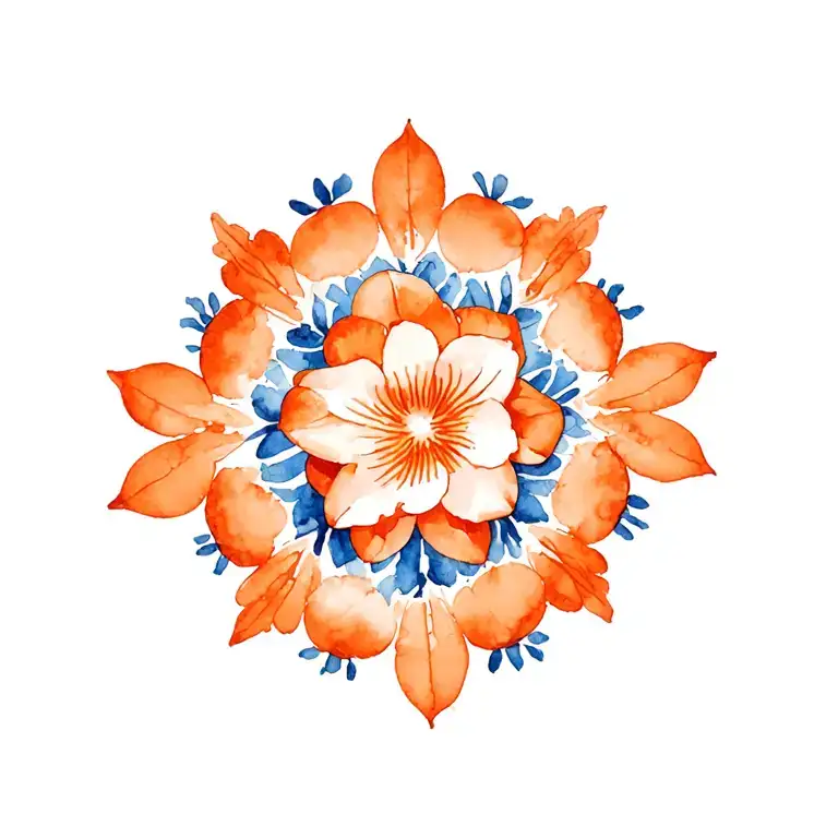 Orange And Blue Floral Mandala Design Incorporating Orchids