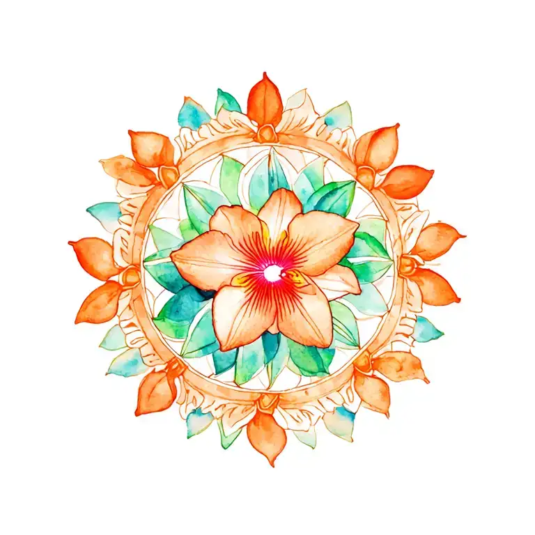 Orange Green Blue Mandala Design Incorporating Orchids