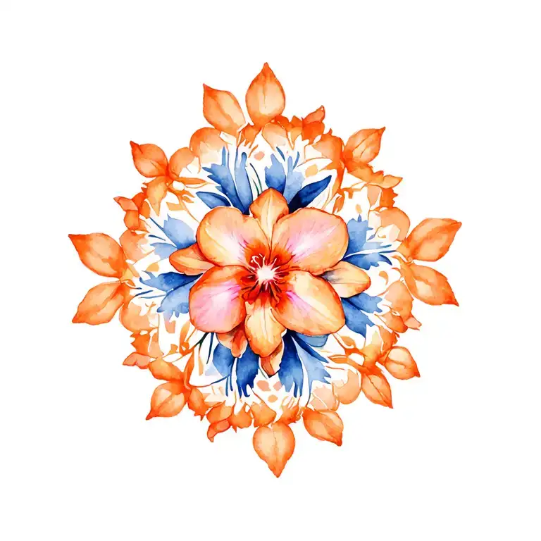 Orange And Blue Floral Mandala Design Incorporating Orchids