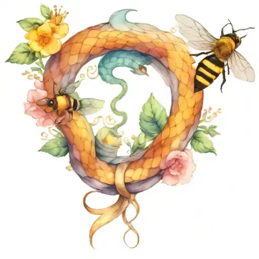 Norse Style Snake And Honey Bee Collecting Nectar