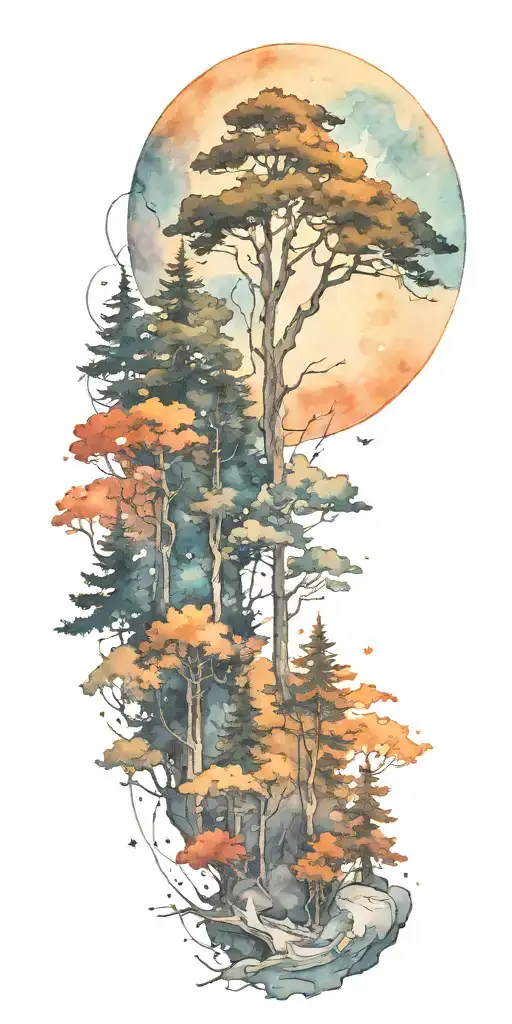 Forest Scene With Giant Moon In The Background
