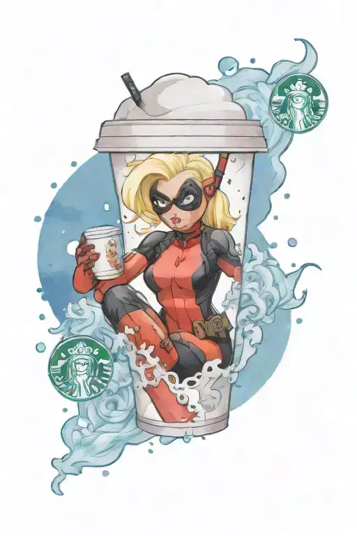 Cartoon Female Blonde Deadpool Trapped In A Starbucks Cup Thats Half Full