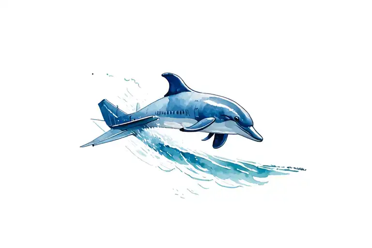 A Plane Flying Under A Dolphin Jumping