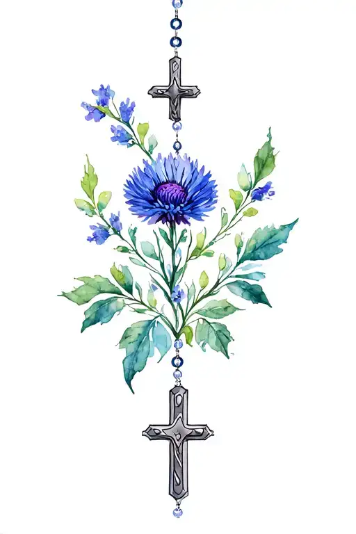 Catholic Rosary And Cornflower Intertwined