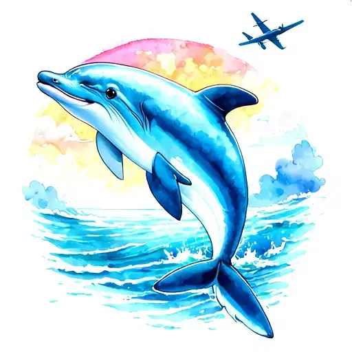 Cute Dolphin In The Ocean With A Plane Flying In The Sky