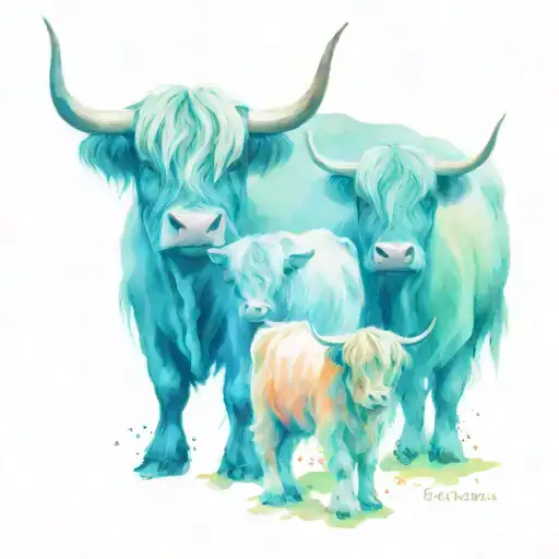 Small Cute Highland Cow Family Of Three In Front Of Edinburgh Castle