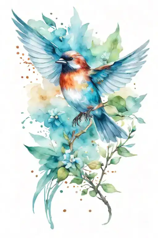 A Bright Flying Sparrow Painted In Watercolor On A White Background