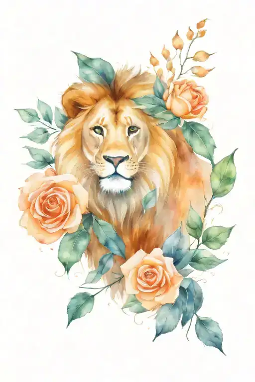 Lion Standing Rose Eucalyptus Leaves And Peach Flowers