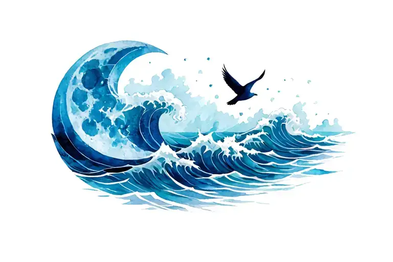 Waning Moon With Waves And Bird Flying Symbolizing Strength And Inner Growth