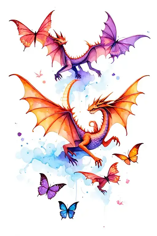 Dragons And Butterflies Flying