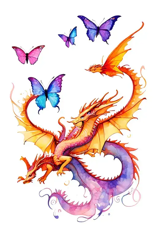 Dragons And Butterflies Flying Together