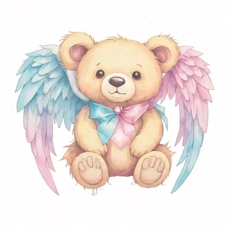 Vibrant Tattoo Design Of A Teddy Bear With Angel Wings And A Gem Heart
