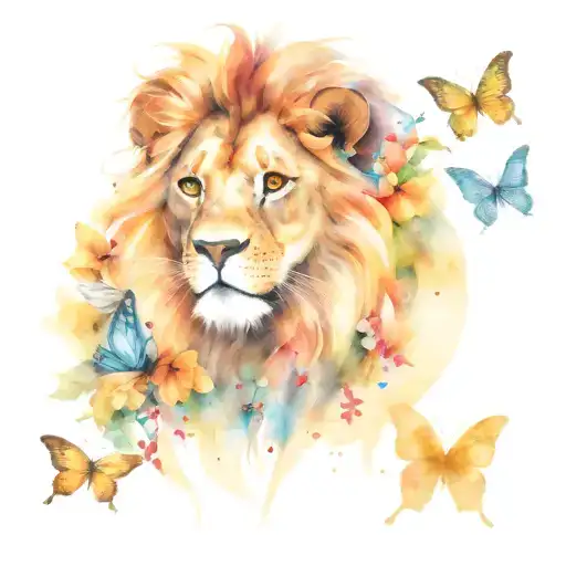 Lion And Butterflies Surrounding