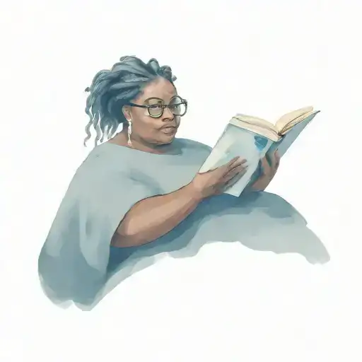 Obese Black Woman With Short Grey Locs Wearing Glasses Reading A Book