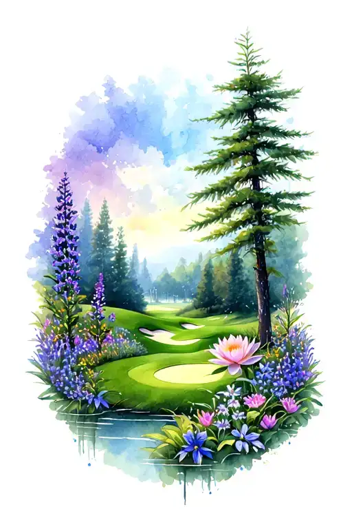 Mystical Golf Course Landscape Rolling Hills Flowers Pine Trees Water Lily Larkspur