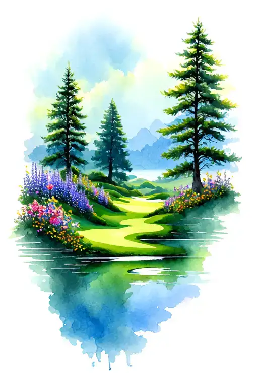 Mystical Golf Course Landscape Rolling Hills Flowers Pine Trees Water Lily Larkspur
