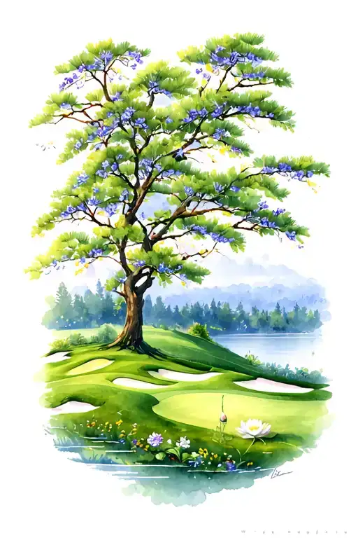 Golf Course Landscape Rolling Hills Flowers Pine Trees Water Lily Larkspur