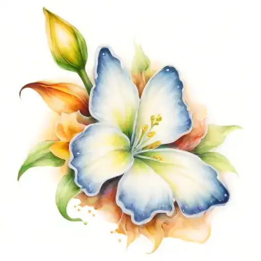 Little White Butterfly On A Lily Flower Blooming