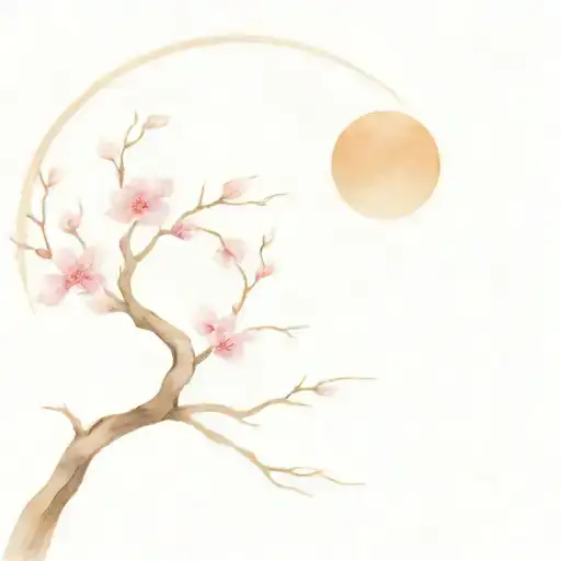 Cherry Blossom Tree With Branches And A Moon Intertwined