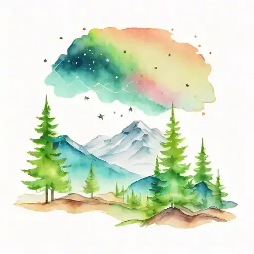 Line Of Trees With Mountain Range Behind And Northern Lights With Stars