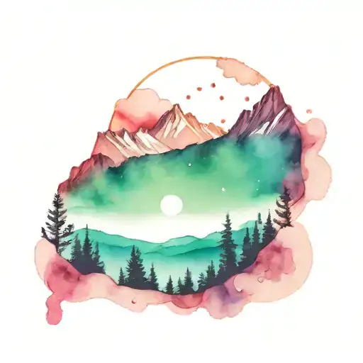 Line Of Trees With Mountain Range Behind And Northern Lights