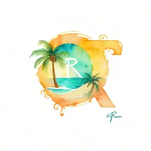 Beach Scene With Palm Tree Sun Shining And The Letter R On The Ocean