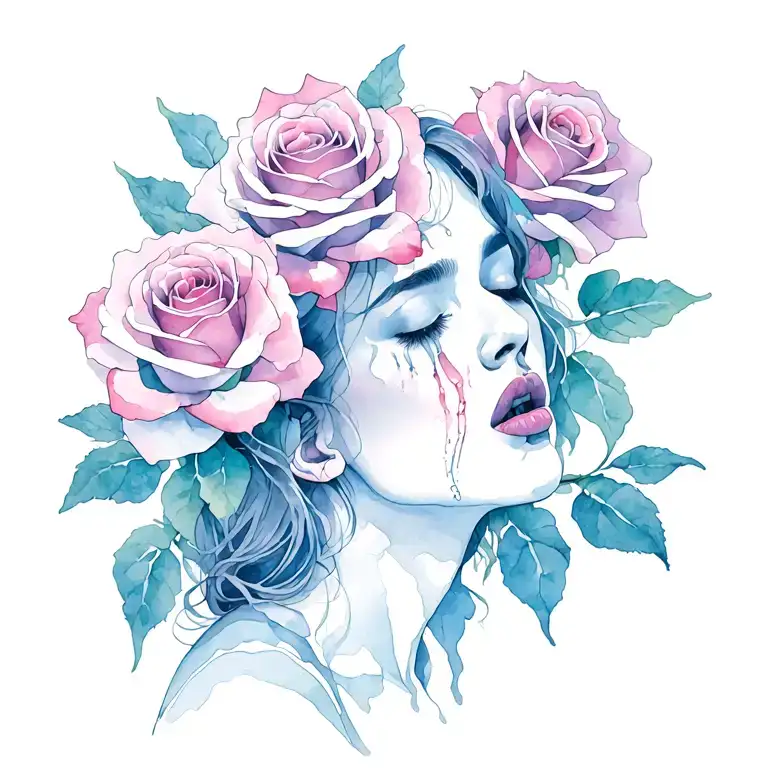 Woman Crying With Three Roses Intertwined
