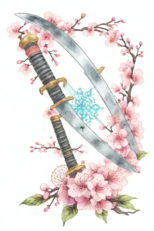 Katana Sword And Fan Surrounded By Cherry Blossom