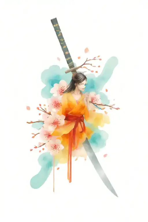 Katana And Asia Fan Surrounded By Cherry Blossom Petals Falling