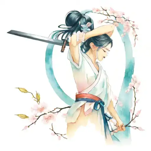 Katana And Asia Fan Surrounded By Cherry Blossom Petals Falling